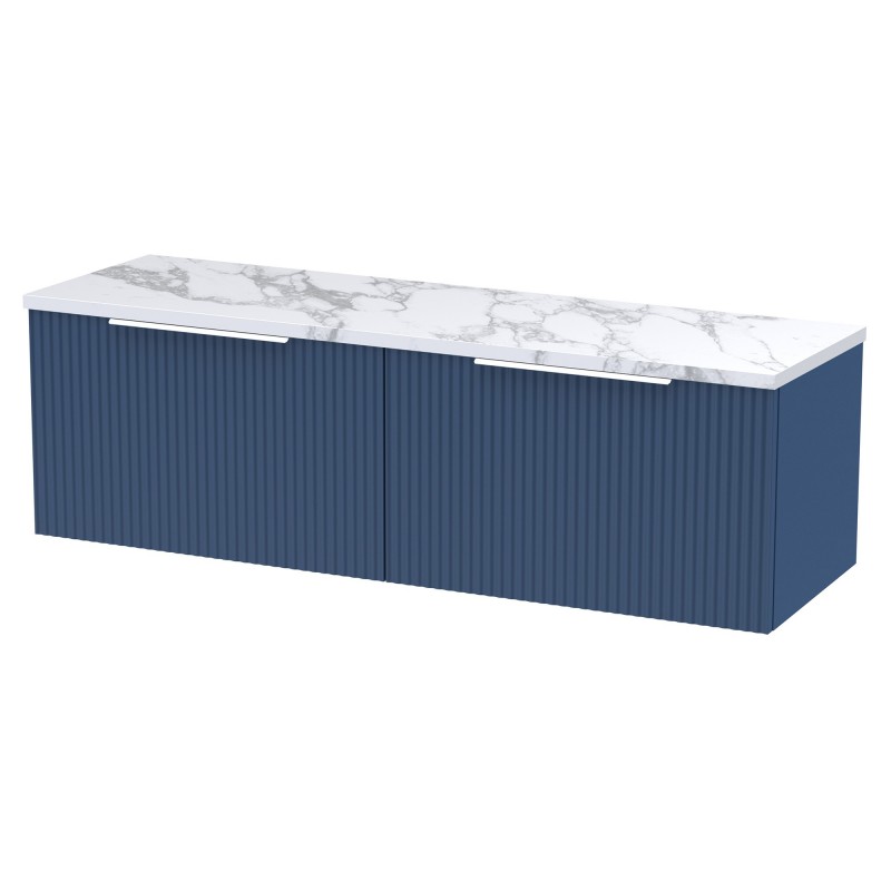 Fluted 1200mm Wall Hung 2 Drawer Vanity With Carrera Marble Laminate Worktop - Satin Blue