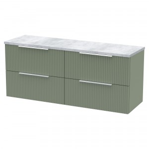 Fluted 1200mm Wall Hung 4 Drawer Vanity With Bellato Grey Laminate Worktop - Satin Green