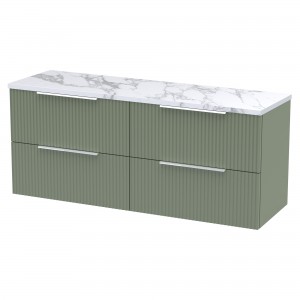 Fluted 1200mm Wall Hung 4 Drawer Vanity With Carrera Marble Laminate Worktop - Satin Green