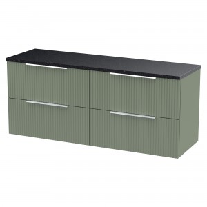 Fluted 1200mm Wall Hung 4 Drawer Vanity With Black Sparkle Laminate Worktop - Satin Green