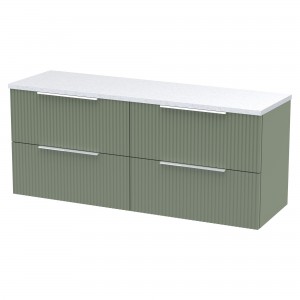 Fluted 1200mm Wall Hung 4 Drawer Vanity With White Sparkle Laminate Worktop - Satin Green