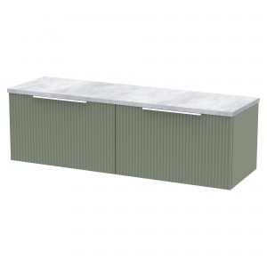 Fluted 1200mm Wall Hung 2 Drawer Vanity With Bellato Grey Laminate Worktop - Satin Green