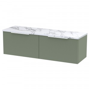 Fluted 1200mm Wall Hung 2 Drawer Vanity With Carrera Marble Laminate Worktop - Satin Green