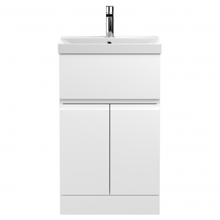 Urban Satin White 500mm (w) x 860mm (h) x 395mm (d) Floor Standing 2-Door/Drawer Vanity Unit & Thin-Edge Ceramic Basin