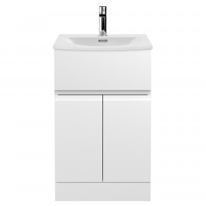 Urban Satin White 500mm (w) x 840mm (h) x 390mm (d) Floor Standing 2-Door/Drawer Vanity Unit & Curved Ceramic Basin