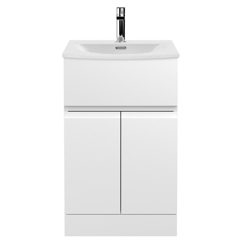 Urban Satin White 500mm (w) x 840mm (h) x 390mm (d) Floor Standing 2-Door/Drawer Vanity Unit & Curved Ceramic Basin