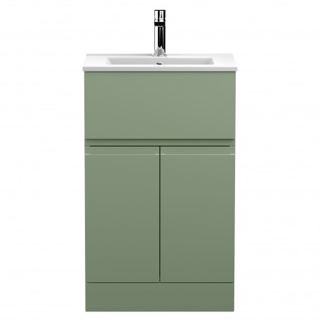 Urban Satin Green 500mm Freestanding 2 Door & Drawer Unit & Minimalist Ceramic Basin