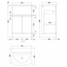 Urban Satin Green 500mm Freestanding 2 Door & Drawer Unit & Curved Ceramic Basin - Technical Drawing