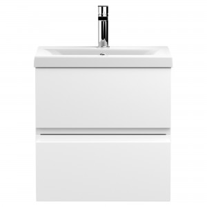 Urban  Satin White 500mm (w) x 540mm (h) 390mm (d) Wall Hung 2-Drawer Vanity Unit & Mid-Edge Ceramic Basin