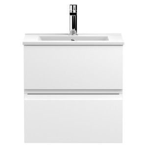 Urban Satin White 500mm (w) x 540mm (h) x 395mm (d) Wall Hung 2-Drawer Vanity Unit & Minimalist Ceramic Basin