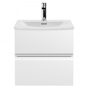Urban Satin White 500mm (w) x 530mm (h) x 390mm (d) Wall Hung 2-Drawer Vanity Unit & Curved Ceramic Basin