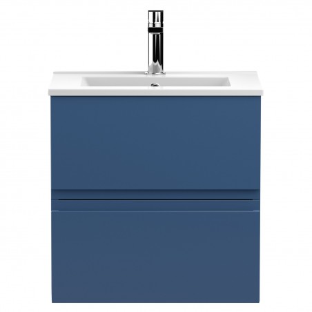 Urban Satin Blue 500mm (w) x 540mm (h) x 395mm (d) Wall Hung 2-Drawer Vanity Unit & Minimalist Ceramic Basin