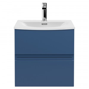 Urban Satin Blue 500mm (w) x 530mm (h) x 390mm (d) Wall Hung 2-Drawer Vanity Unit & Curved Ceramic Basin