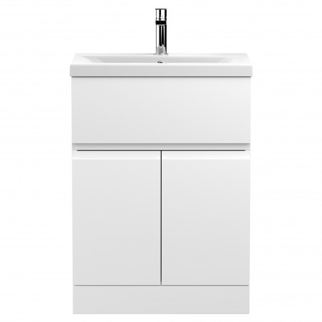 Urban Satin White 600mm (w) x 850mm (h) x 390mm (d) Floor Standing 2-Door/Drawer Vanity Unit & Mid-Edge Ceramic Basin