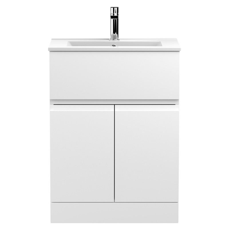 Urban Satin White 600mm (w) x 828mm (h) x 395mm (d) Floor Standing 2-Door/Drawer Vanity Unit & Minimalist Ceramic Basin