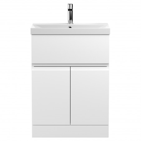 Urban Satin White 600mm (w) x 860mm (h) x 395mm (d) Floor Standing 2-Door/Drawer Vanity Unit & Thin-Edge Ceramic Basin