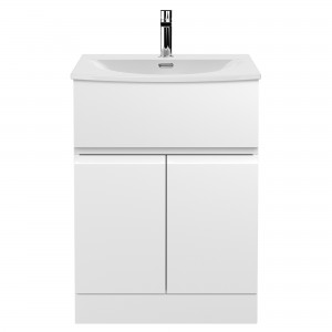 Urban Satin White 600mm (w) x 840mm (h) x 390mm (d) Floor Standing 2-Door/Drawer Vanity Unit & Curved Ceramic Basin