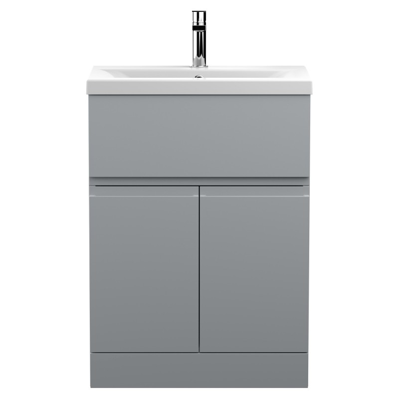 Urban Satin Grey 600mm (w) x 850mm (h) x 390mm (d) Floor Standing 2-Door/Drawer Vanity Unit & Mid-Edge Ceramic Basin