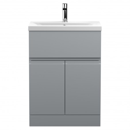 Urban Satin Grey 600mm (w) x 850mm (h) x 390mm (d) Floor Standing 2-Door/Drawer Vanity Unit & Mid-Edge Ceramic Basin
