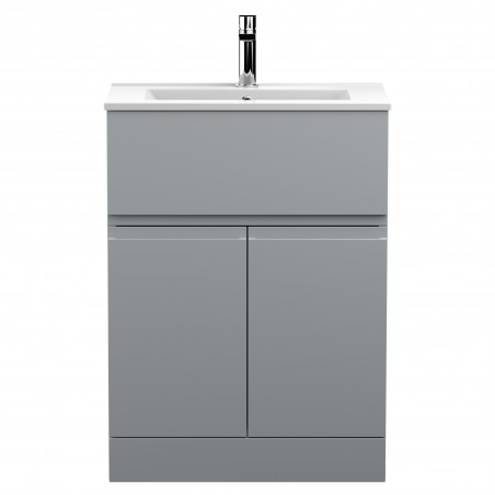 Urban Satin Grey 600mm (w) x 828mm (h) x 395mm (d) Floor Standing 2-Door/Drawer Vanity Unit & Minimalist Ceramic Basin