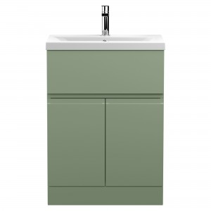 Urban Satin Green 600mm Freestanding 2 Door & Drawer Unit & Mid-Edge Ceramic Basin