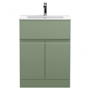 Urban Satin Green 600mm Freestanding 2 Door & Drawer Unit & Minimalist Ceramic Basin