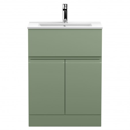 Urban Satin Green 600mm Freestanding 2 Door & Drawer Unit & Minimalist Ceramic Basin