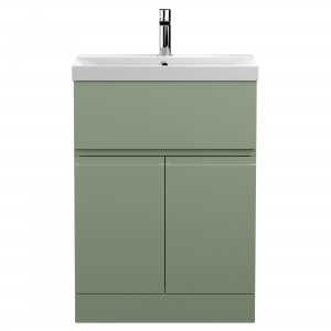 Urban Satin Green 600mm Freestanding 2 Door & Drawer Unit & Thin-Edge Ceramic Basin
