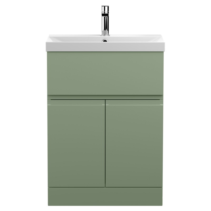 Urban Satin Green 600mm Freestanding 2 Door & Drawer Unit & Thin-Edge Ceramic Basin