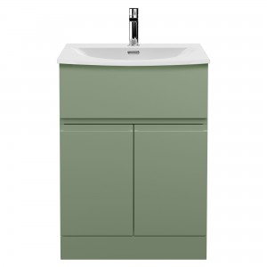 Urban Satin Green 600mm Freestanding 2 Door & Drawer Unit & Curved Ceramic Basin