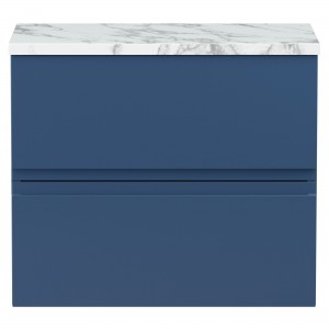 Urban 600mm Wall Hung 2 Drawer Unit With Carrera Marble Laminate Worktop - Satin Blue