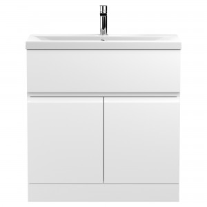 Urban Satin White 800mm (w) x 850mm (h) x 390mm (d) Floor Standing 2-Door Vanity Unit & Mid-Edge Ceramic Basin