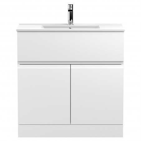 Urban Satin White 800mm (w) x 828mm (h) x 395mm (d) Floor Standing 2-Door Vanity Unit & Minimalist Ceramic Basin