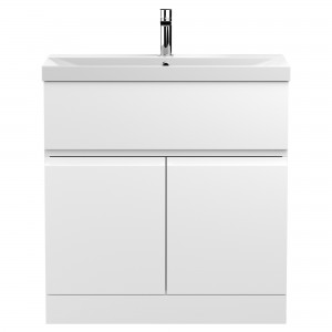 Urban Satin White 800mm (w) x 860mm (h) x 395mm (d) Floor Standing 2-Door Vanity Unit & Thin-Edge Ceramic Basin