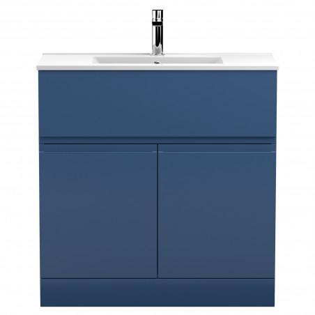 Urban Satin Blue 800mm (w) x 828mm (h) x 395mm (d) Floor Standing 2-Door Vanity Unit & Minimalist Ceramic Basin
