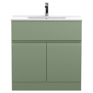 Urban Satin Green 800mm Freestanding 2 Door & Drawer Unit & Minimalist Ceramic Basin