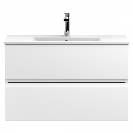 Urban Satin White 800mm (w) x 518mm (h) x 395mm (d) Wall Hung 2-Drawer Vanity Unit & Minimalist Ceramic Basin