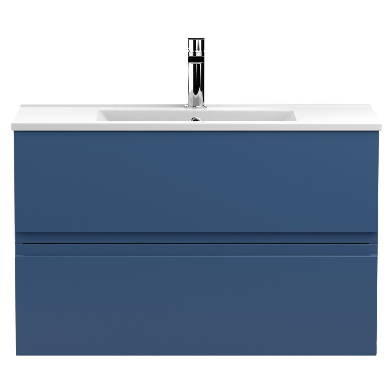 Urban Satin Blue 800mm (w) x 518mm (h) x 395mm (d) Wall Hung 2-Drawer Vanity Unit & Minimalist Ceramic Basin