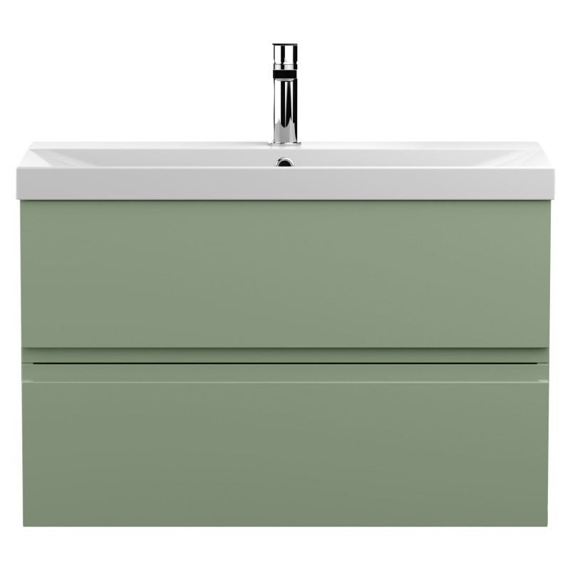 Urban Satin Green 800mm Wall Hung 2 Drawer Unit & Thin-Edge Ceramic Basin