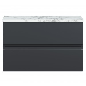 Urban 800mm Wall Hung 2 Drawer Unit With Carrera Marble Laminate Worktop - Soft Black