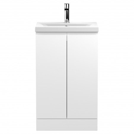 Urban Satin White 500mm (w) x 850mm (h) x 395mm (d) Floor Standing 2-Door Vanity Unit & Mid-Edge Ceramic Basin