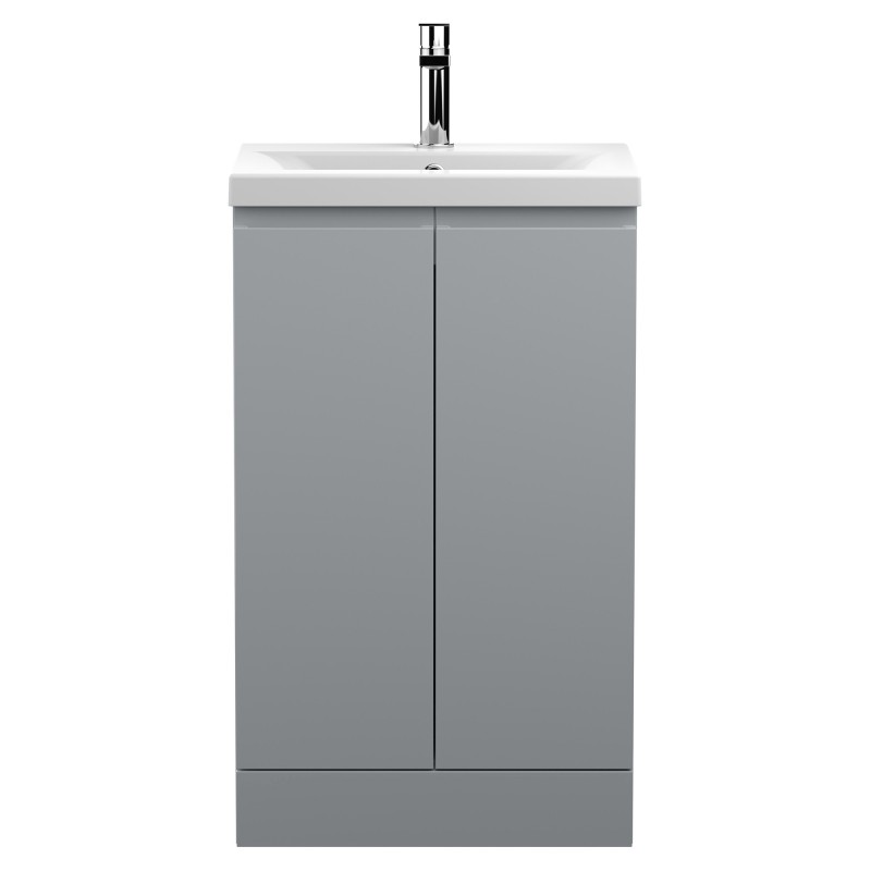 Urban Satin Grey 500mm (w) x 850mm (h) x 395mm (d) Floor Standing 2-Door Vanity Unit & Mid-Edge Ceramic Basin