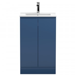 Urban Satin Blue 500mm (w) x 828mm (h) x 395mm (d) Floor Standing 2-Door Vanity Unit & Minimalist Ceramic Basin
