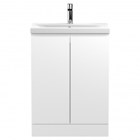 Urban Satin White 600mm (w) x 850mm (h) x 395mm (d) Floor Standing 2-Door Vanity Unit & Mid-Edge Ceramic Basin