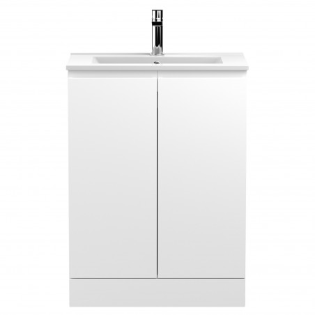Urban Satin White 600mm (w) x 828mm (h) x 395mm (d) Floor Standing 2-Door Vanity Unit & Minimalist Ceramic Basin