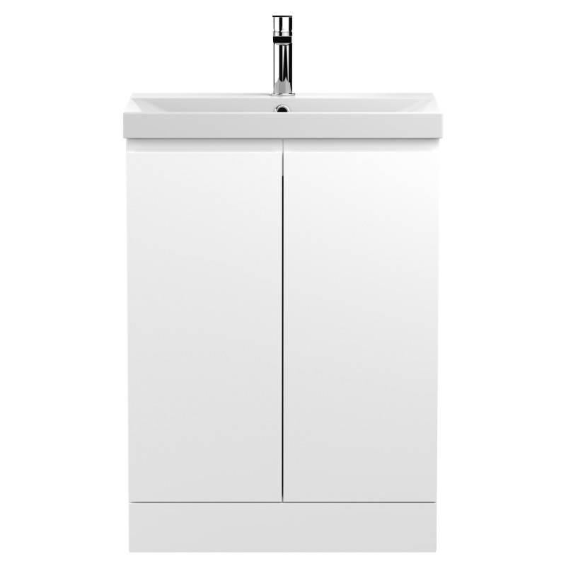 Urban Satin White 600mm (w) x 860mm (h) x 395mm (d) Floor Standing 2-Door Vanity Unit & Thin-Edge Ceramic Basin