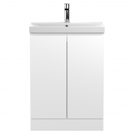 Urban Satin White 600mm (w) x 860mm (h) x 395mm (d) Floor Standing 2-Door Vanity Unit & Thin-Edge Ceramic Basin