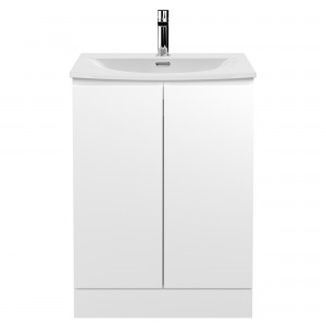 Urban Satin White 600mm (w) x840mm (h) x 390mm (d) Floor Standing 2-Door Vanity Unit & Curved Ceramic Basin