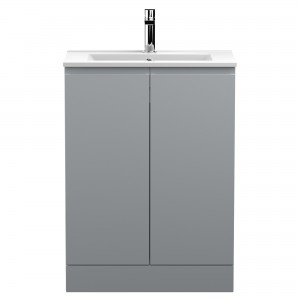 Urban Satin Grey 600mm (w) x 828mm (h) x 395mm (d) Floor Standing 2-Door Vanity Unit & Minimalist Ceramic Basin