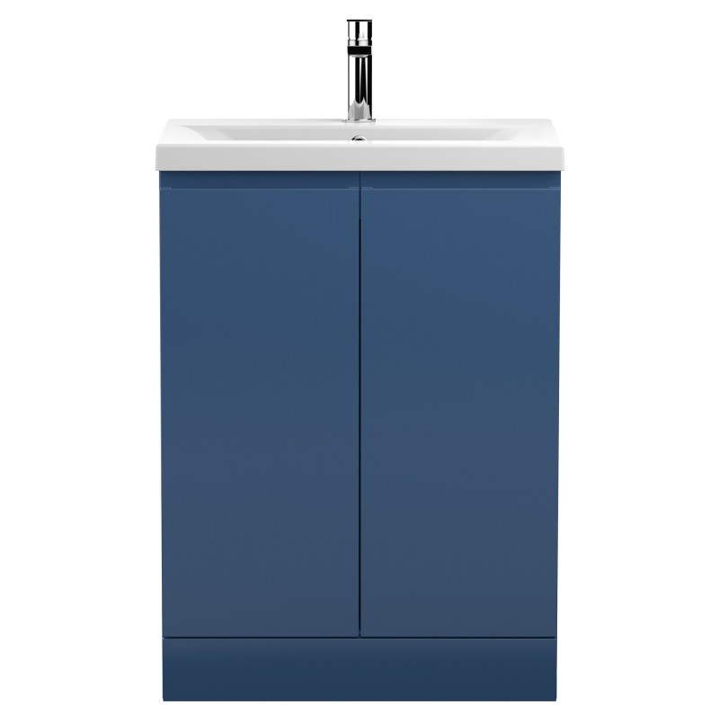 Urban Satin Blue 600mm (w) x 850mm (h) x 395mm (d) Floor Standing 2-Door Vanity Unit & Mid-Edge Ceramic Basin